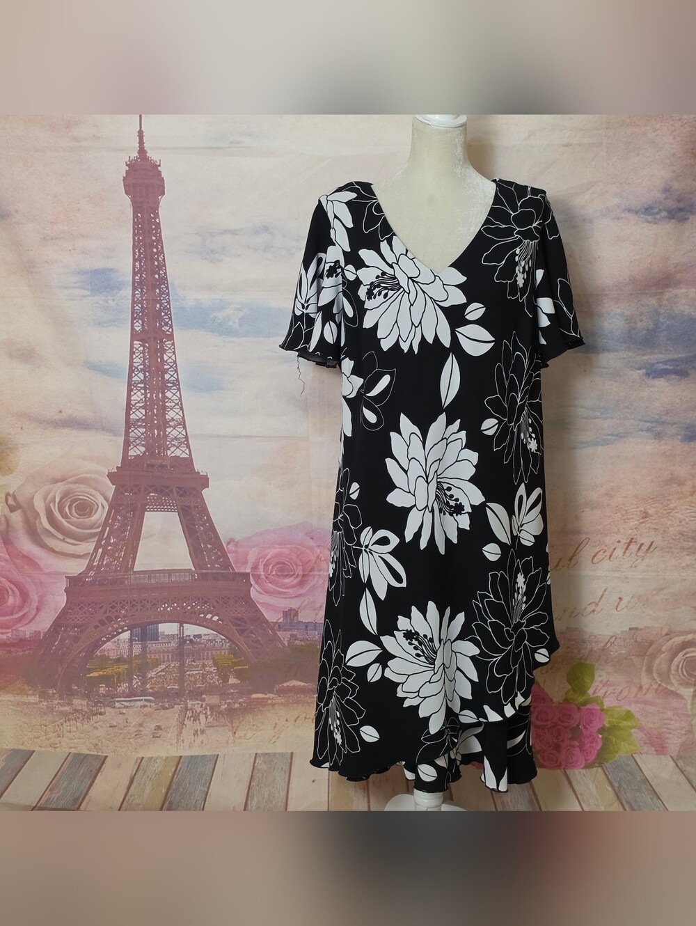 SL Fashions Black & White Floral V-Neck Midi Dress Sz 20W